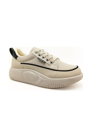 Gdt Ayakkabı Bej Bağcıklı Fileli Hava Alır Kalın Taban 36-37-38-39-40 Numara Kadın Sneaker Bej
