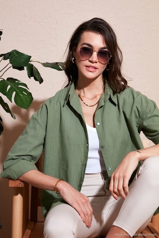 Lela Pamuklu Regular Fit Uzun Kollu Düz Bayan Gömlek Cf25S168305 Haki