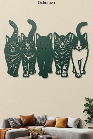 Kedi Çetesi Beşli Kedi Silüeti Metal Duvar Dekoru - Metal Duvar Sanatı - Yosun Yeşili - 50 X 35 Cm Yeşil