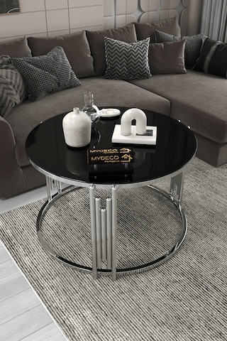 Piyano Tekli Orta Sehpa Gümüş Ayak Siyah Ayna