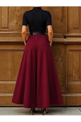 De'charme Kadın Yüksek Bel Kemerli Double Kumaş Palazzo Pantolon Bordo
