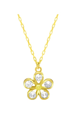 Tesbihane Beyaz Zirkon Taşlı Kar Tanesi Tasarım Gold Renk 925 Ayar Gümüş Kadın Kolye