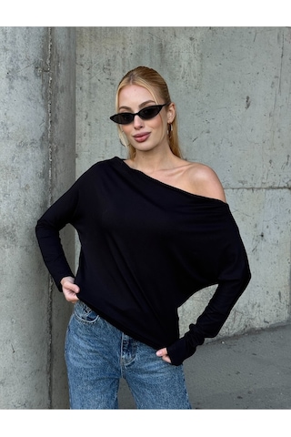 Kadın Kayık Yaka Full Esnek Asimetrik Kesim Comfort Spor Şık Tasarım Yumoş Bluz Siyah