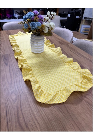 Vintage Duck Keten Sarı Çiçekli Fırfırlı Oval Runner 40 X 140 Cm Sarı