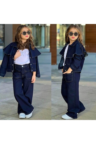 Kız Çocuk 3 Parça Kot Pelerin Detaylı Ceketli Denimtakım 25179 Lacivert