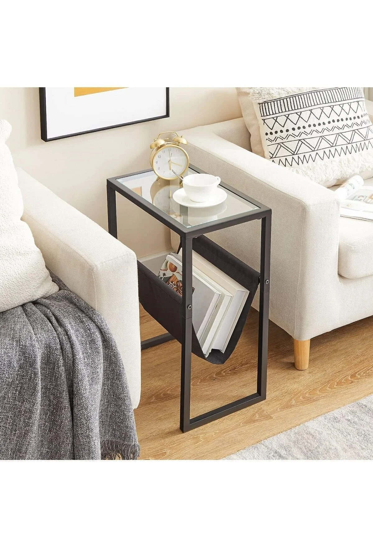 Temperli Cam Gazetelik Dergilik Yan Sehpa Koltuk Sehpası Siyah-şeffaf