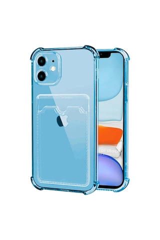 Apple Uyumlu iPhone 11 Kılıf Darbe Emici Köşe Korumalı Kartlıklı Cüzdanlı Silikon Kapak Mavi