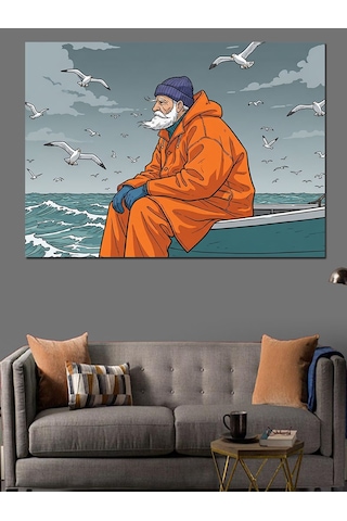 Ahşap Tablo Balıkçı Ve Deniz Kenarında Yalnızlık