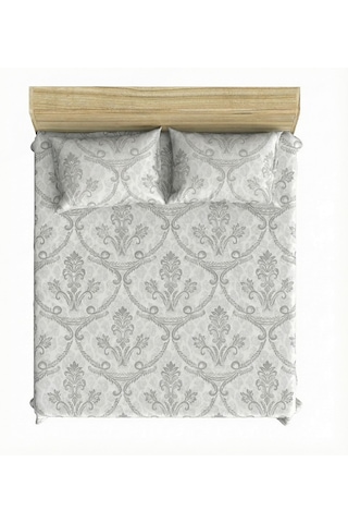 Maki Home %100 Pamuklu Çiçek Desenli 160x200+2 50x70 Çift Kişilik Lastikli Çarşaf Ve Yastık Kılıfı Beyaz - Gri