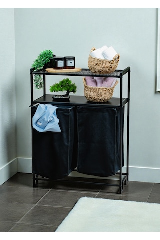 Dekoratif Kirli Sepetli Banyo Dolabı 2 Raflı 2 Bölmeli Çamaşır Sepeti Banyo Düzenleyici Organizer Siyah