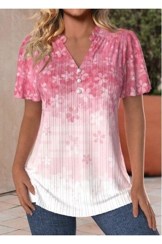 Kadın Kısa Kollu V Yakalı Düğmeli Çiçek Baskılı Pamuk Bluz Pembe