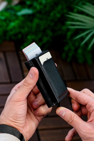 Otomatik Mekanizmalı Deri Cüzdan Kartlık Portföy Siyah