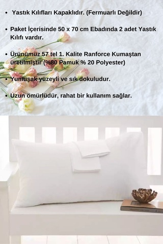 Beyaz Renkli Pamuklu Ranforce Kumaştan Yastık Kılıfı 2 Adet