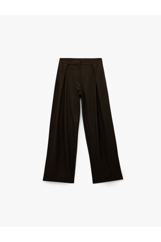 Koton Koton X Sibil Çetinkaya - Pile Detaylı Cepli Çizgili Düz Geniş Paça Kumaş Pantolon Kahverengi Çizgili 6wak40171pw