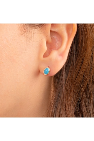 Altın Küpe - 14 Ayar Altın Firuze Turkuaz Taşlı Oval Küpe Sarı