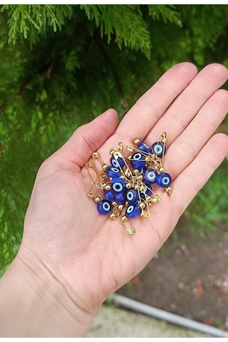 10 Adet 1 Cm Yassı Mavi Maşallahlık İğneli Cam Nazar Boncuğu
