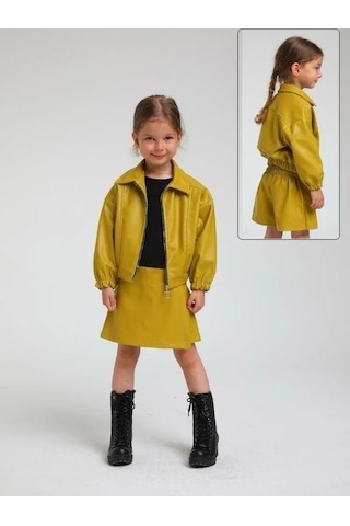 Kız Çocuk Yandan Cepli Beli Kolları Lastikli Bomber Ceket-14754 Yeşil