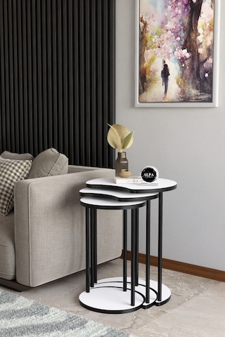 Modern Elma 3 Lü Zigon Sehpa Metal Ayaklı İç İçe Geçmeli Orta Sehpa Takımı Beyaz