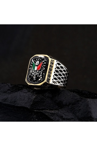 925 Ayar Gümüş Mineli Osmanlı Devlet Armalı Erkek Yüzük Çok Renkli