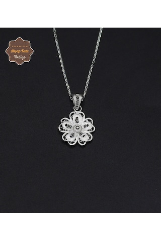 Çiçek Model 925 Ayar Saf Gümüş Telkari Kadın Kolye 201024662 Gümüş