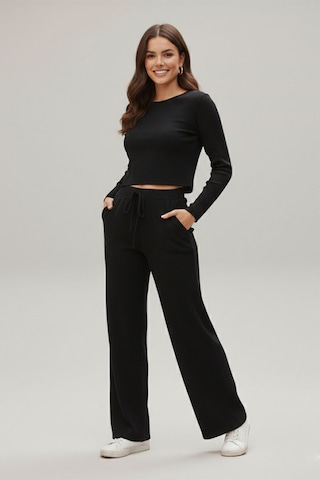 Fit Women Çizgi Likralı Kayık Yaka Alt Üst Takım 4443 Siyah