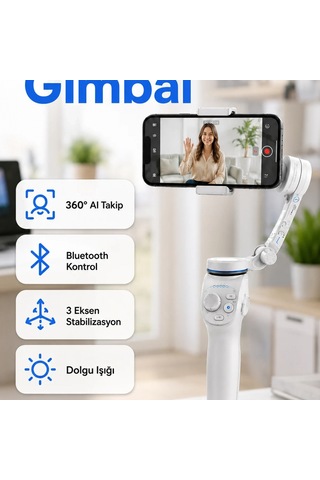 3 Eksenli Akıllı Telefon Gimbali 360 Aı Takip, Bluetooth Kontrol Ve Dolgu Işığı