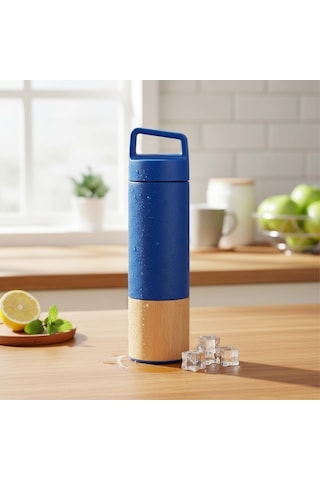 600 Ml Bambu Tabanlı Kulplu Çelik Termos Mug - 5 Renk Seçenekli Sıcak/soğuk Tutucu Seyahat Bardağı Mavi Çok Renkli