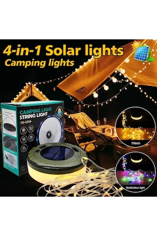 Solar Güneş Enerjili Şarjlı 8 Mt Led Kamp Lambası Işıldak Fener Dekor Lambası Peri Renkli Şerit Led