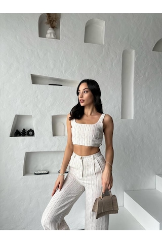 Eke Tekstil Camel Çizgili Crop Pantolon Keten Takım-camel Camel