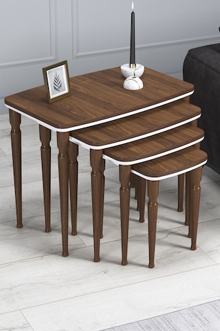 Imaj Mdf Ve Lake Boya, Ceviz-beyaz 4lü Zigon Sehpa Takımı, Ceviz Gürgen Ayaklar Sehpalar Ceviz-beyaz Ayaklar Ceviz