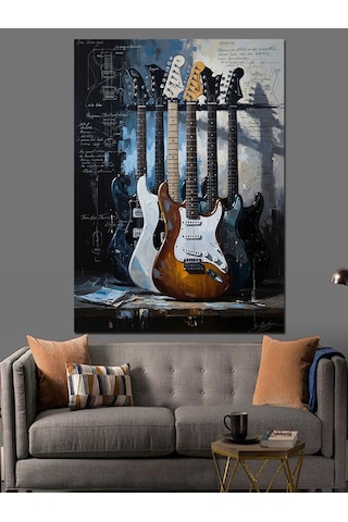 Ahşap Tablo Duvara Yaslanmış Dörtlü Gitar Seti