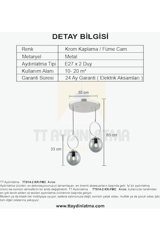 Tt014-2 Kr Tt Aydınlatma Krom Kaplama Füme Camlı 2 Li Avize