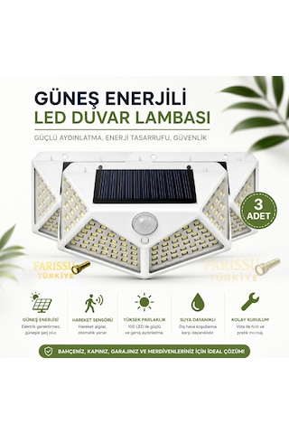 100 Led Solar Hareket Sensörlü Dış Mekan Bahçe Lambası 3 Adet