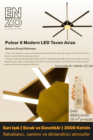 Enzo Light Pulsar Modern Led Tavan Avize - Aşağı Işık Kumandalı Dim Edilebilir Sarı Işık