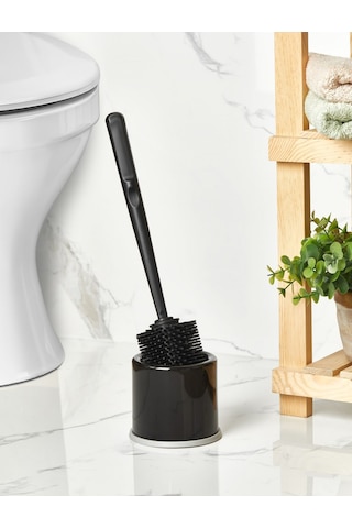 Yuvarlak Altı Kapalı Hazneli Silikon Wc Klozet Temizleme Fırçası Siyah Renk Siyah