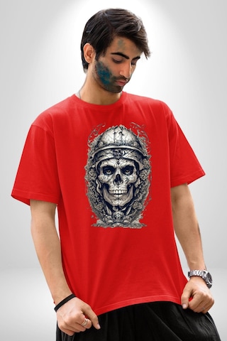 Kask Miğfer İskelet Asker Pamuklu Bisiklet Yaka Unisex Oversize Boyfriend Dijital Baskılı Kırmızı T-shirt Kırmızı