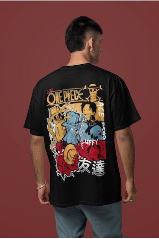 Ace Sabo Monkey D. Luffy Sırt Baskılı Unisex Oversize One Piece K Siyah