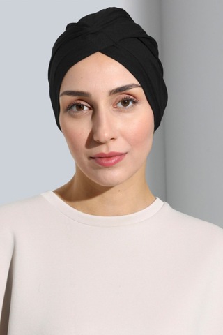Umttrend Aura Hazır Türban Bone Penye Siyah Bone Çapraz Bantlı Kadın Tesettür Bone Iç Ve Dış Bone