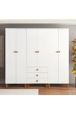 Luna 6 Kapaklı 3 Çekmeceli 205 Cm Beyaz Dolap Konuma Özel Teslimat