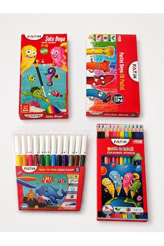 Fatih 4 Lü Boyama Seti 12 Li Sulu Boya Pastel Boya Keçeli Kalem Kuru Boya Çok Renkli