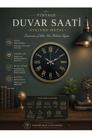40 Cm Metal Vintage Roma Rakamlı Duvar Saati Eskitme