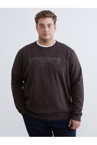 Lcwaıkıkı Classic Kahverengi Büyük Beden Bisiklet Yaka Baskılı Erkek Kalın Sweatshirt