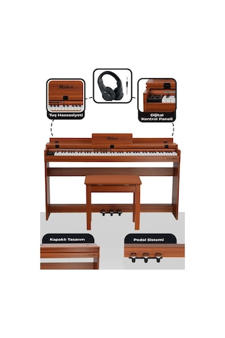 Midex PLX-140 PRO-OR Dijital Piyano Bluetooth Tuş Hassasiyeti 88 Tuşlu Kapaklı (Kulaklık ve Tabure)