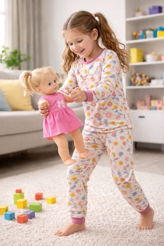 Kız Çocuk Flower Desenli 8 - 13 Yaş Pijama Takımı Krem