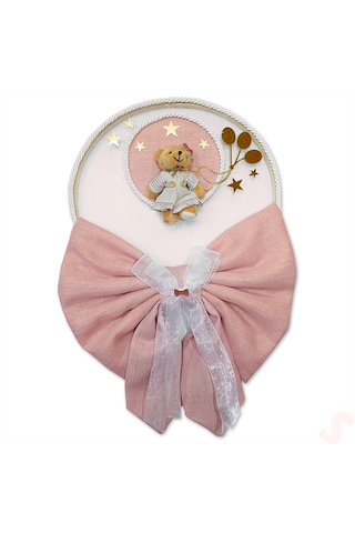 Kasnaklı Fiyonk Ve Ayıcıklı 30cm Kapı Süsü - Pembe