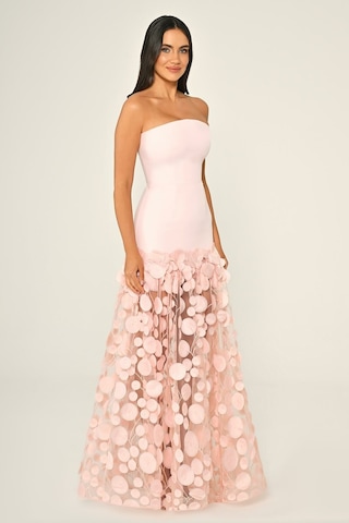 Krep Eteği 3 Boyutlu Tül Uzun Abiye Elbise Alfa Beta B7067 Pembe