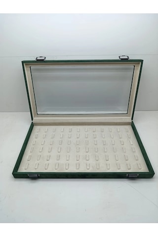 Yeni Cam Kapaklı Süet Yeşil Kumaş 45 Cm / 25 Cm Tırnaklı Yüzük Tablası