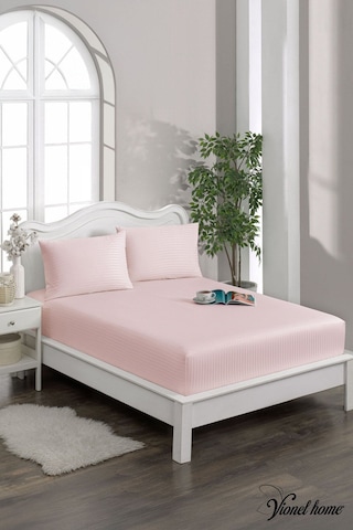 %100 Pamuk Çizgili Saten Tek / Çift Kişilik Lastikli Çarşaf Seti 100x200 160x200 180x200 Pembe