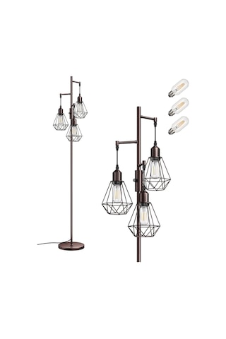 Edishine 3 Başlıklı Dimlenebilir Retro Ayaklı Lamba E27 Led, Kafes Şapkalı, 166 Cm Lambader Kahverengi Diğer
