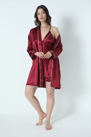 Alissa Kadın Bordo Saten Çeyiz Seti 6 Parça Beyaz Biyeli Sabahlık Gecelik Pijama Şortlu Takım 8630 Bordo